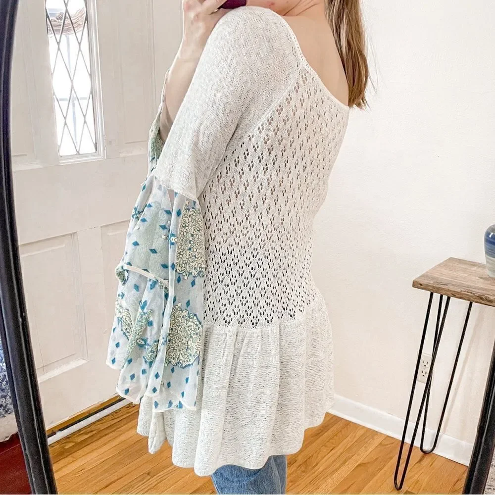 Free People Pointelle Breeze Knit Top in Ivory Combo L
